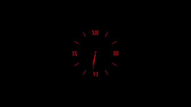 Minimalist red roman numeral analog clock face on black background, time passing motion watch roman numerals