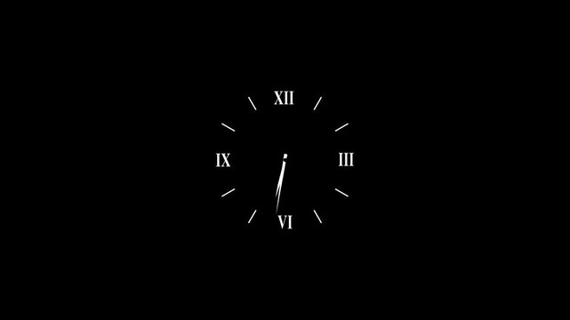 Minimalist analog clock face with moving hands on black background, time passing concept watch dial