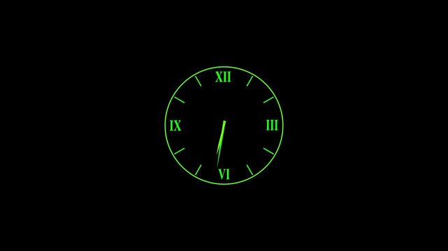 Minimalist green neon analog clock face with roman numerals on black background, time passing motion