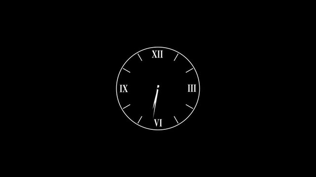 Minimalist analog clock face with roman numerals on black background, time passing concept watch