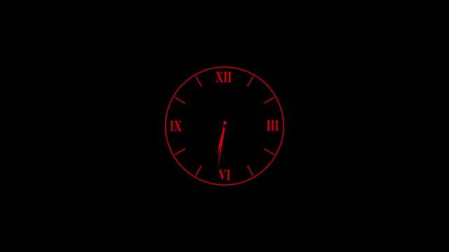 Minimalist red roman numeral analog clock face on black background, time passing motion roman numerals