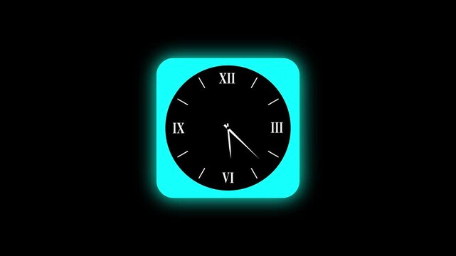 Neon cyan glowing analog clock face with roman numerals moving fast time lapse animation watch