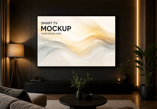 Smart TV Screen Mockup on Dark Wall in Luxury Modern Living Room Interior with Warm Lighting