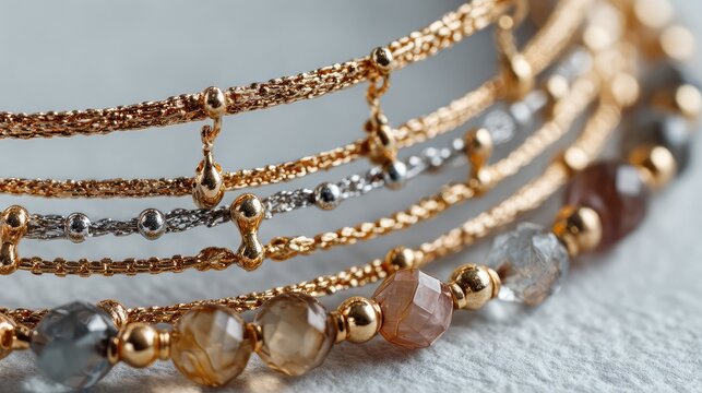 Delicate gold anklets with pearls and beads on white fabric close-up