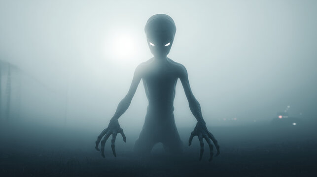 Large Alien Silhouette Appears in Fog at Night