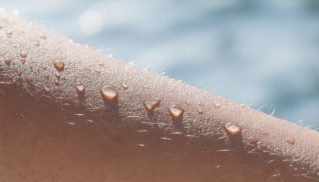 detail of water droplets on tanned skin near blue water
