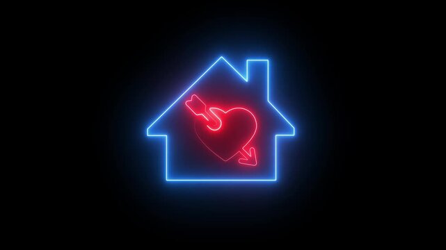 Neon house with heart and arrow symbolizing love and home ownership on black background, sign