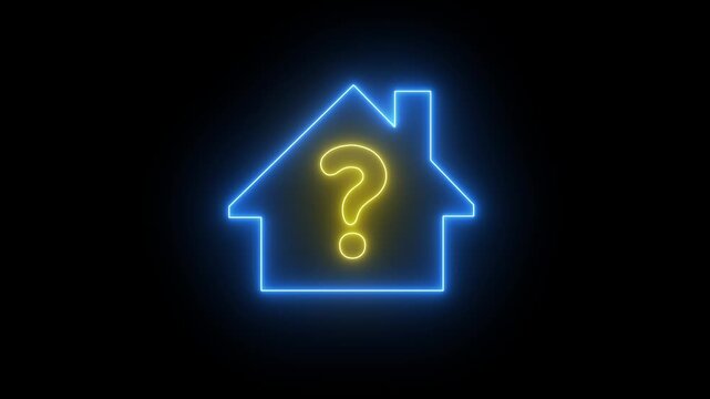 Neon house with question mark symbol, real estate uncertainty concept, glowing blue and yellow sign home