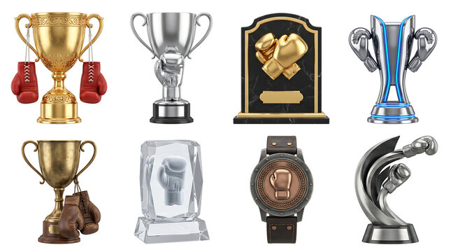 Set of boxing championship trophies and awards with gold cups, gloves, and plaques on white background. Professional 3D render for sports marketing, achievement banners, and event graphics.