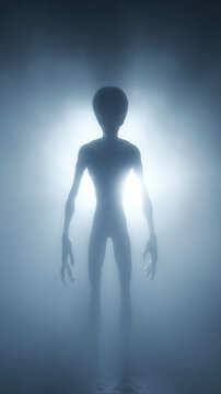 Large Alien Silhouette Appears in Foggy Landscape at Night