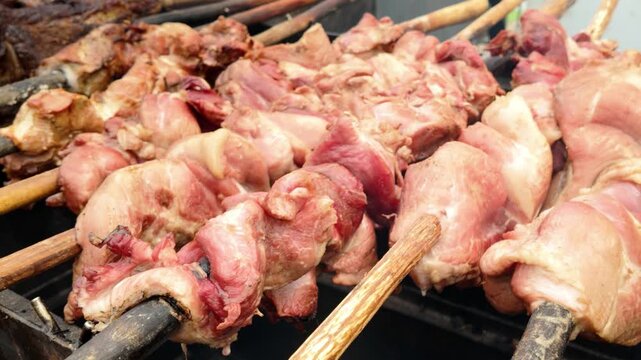Grilling pork meat skewers at barbecue dinner party outside - Close up roasted pork on wooden sticks at bbq for family backyard gathering - Food and summer activities