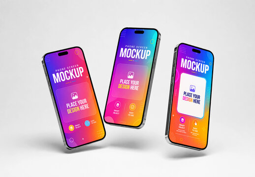 Three Floating Smartphone Screen Mockups with Vibrant Gradient