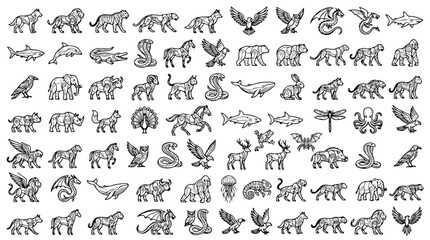 Minimalist animal line icons set, 70 geometric wildlife and mythical creature vector symbols, black outline fauna illustrations for logo design © Sidra