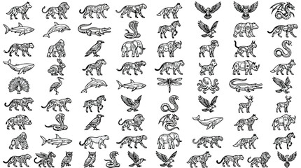Tribal animal icons set, black and white ethnic wildlife vector illustrations, 72 patterned animal silhouettes for logo design and branding © Sidra
