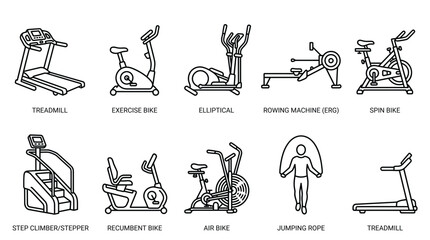 Obraz premium Comprehensive Set of Gym and Fitness Equipment Line Art Icons for Healthy Lifestyle Designs