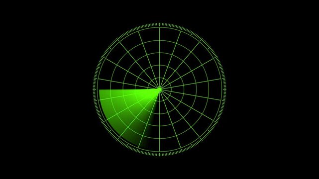 Digital radar screen animation with rotating green scanning beam on black background, sonar interface