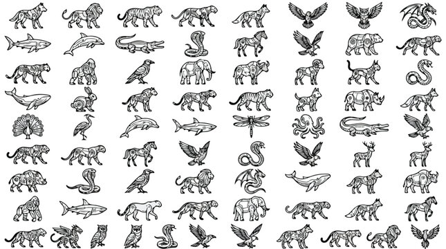 Tribal animal icons set, black and white ethnic wildlife vector illustrations, 72 patterned animal silhouettes for logo design and branding