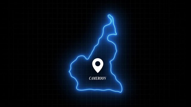 Neon glowing map of cameroon with location pin marker on digital grid background, africa country geography