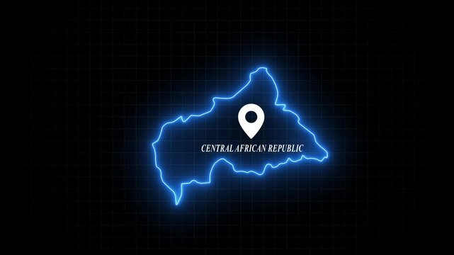 Central african republic map neon outline with location pin marker, digital technology style animation for geographic data visualization and news broadcast