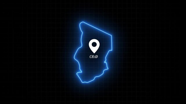 Neon glowing map of chad with location pin marker, digital technology grid background, travel and geography concept