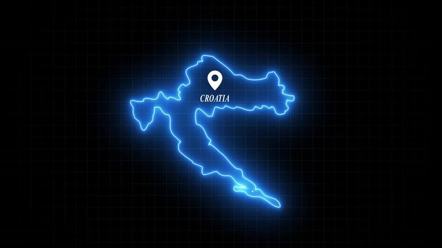 Croatia map outline with glowing neon effect and location pin marker on digital grid background