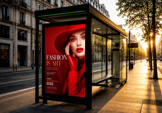 Vertical Bus Stop Shelter Billboard Mockup on City Street with Fashion Advertisement Poster