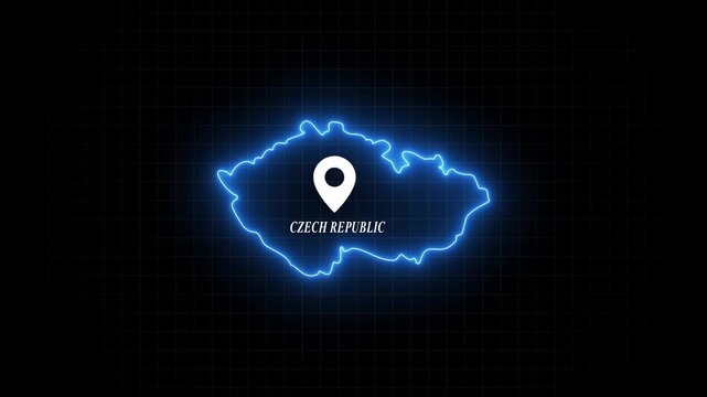 Neon glowing map of czech republic with location pin marker on digital grid background