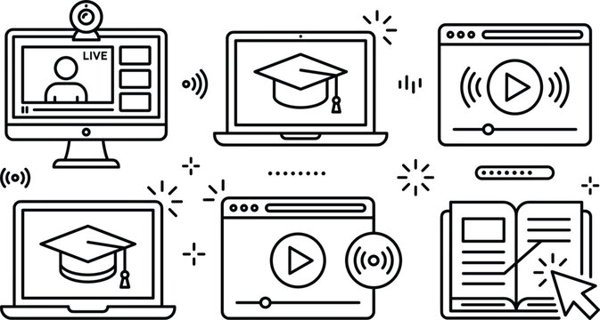 Online education e-learning icon set with graduation cap computer laptop webinar video lecture webcam stream and book