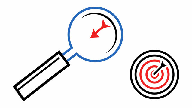 Flat vector illustration of magnifying glass focusing on target symbol with red arrows representing search and precision