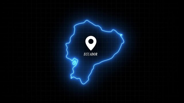 Ecuador map outline with glowing neon border and location pin marker on digital grid background country