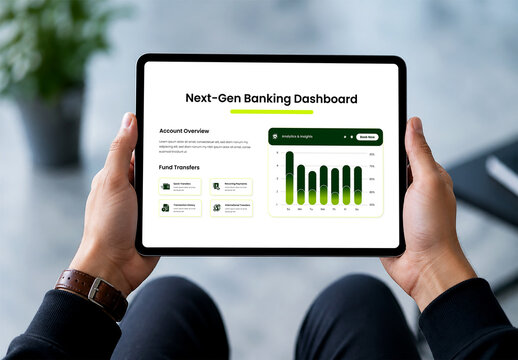 Tablet mockup showcasing nextgen banking dashboard UI in hands