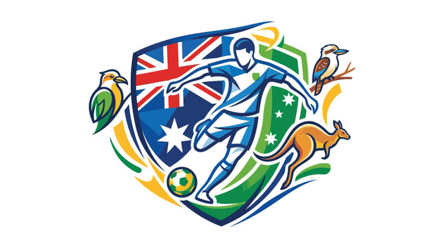 Dynamic vector illustration of a soccer player kicking a ball, integrated with Australian national symbols including the flag, a kangaroo, a kookaburra bird, and a parrot inside a crest.