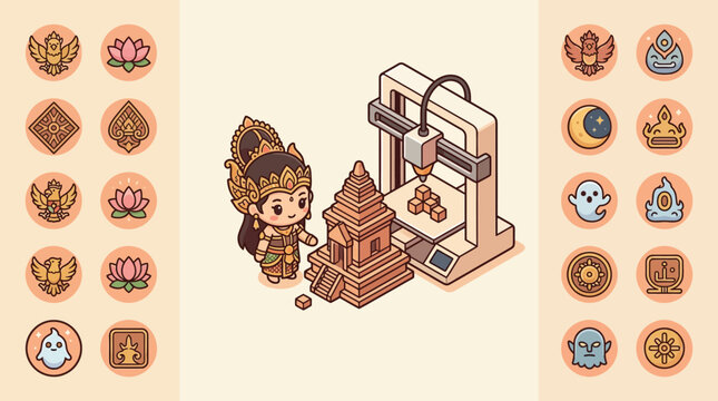 Cute chibi Indonesian princess in traditional attire observing a 3D printer manufacturing a miniature stone temple model, surrounded by cultural icons in a flat isometric vector style.