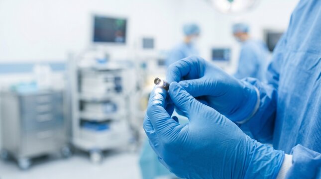 Surgeon holding capsule endoscope camera in medical operating room