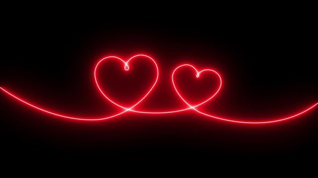 Glowing red neon hearts continuous line animation on black background, for romantic love, concepts