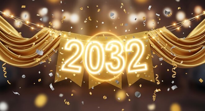 Happy new year 2032 celebration with golden drapes and falling confetti with new years eve