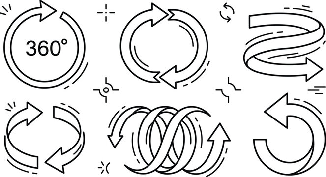 Rotation arrow icon set with three sixty degrees loop reload cycle refresh spiral and continuous curved motion indicators