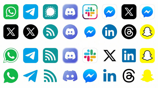 Social media network icons logo vector set. WhatsApp, Telegram, Discord, Slack, Messenger, X, LinkedIn, Threads, Snapchat, RSS. Communication app user interface UI elements collection for web.