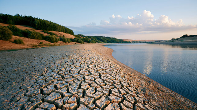 Cracked riverbed and low water shoreline revealing parched earth and winding blue river under cloudy sky, evoking drought and environmental concern