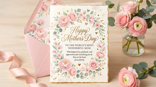 Floral mother's day card and pink envelope with ribbon mothers day floral pattern envelope greeting celebration stationery invitation sentiment appreciation occasion decorative beautiful