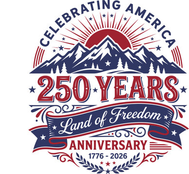 Celebrating America 250 years anniversary with mountains and sunset America 250 Anniversary 2026, America 250 Anniversary, America 1776 2026, 250 Year