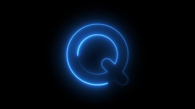 Glowing neon letter q animation with electric blue light effect on black background, alphabet typography
