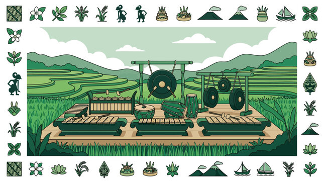 Modern Minimalist Flat Vector Illustration of Traditional Indonesian Gamelan Instruments Including Gongs and Metallophones Set Against a Terraced Rice Field and Mountain Landscape.