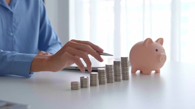 Asian Businessman holding pen counting stacking coin with piggy bank