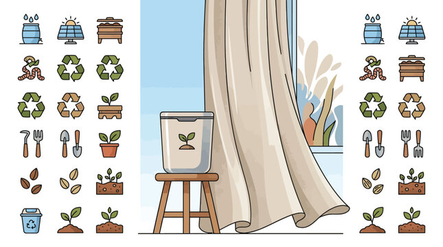Modern minimalist flat vector illustration of home composting and sustainable living icons including a compost bin on a stool, recycling symbols, solar panels, gardening tools, seeds, and worms.