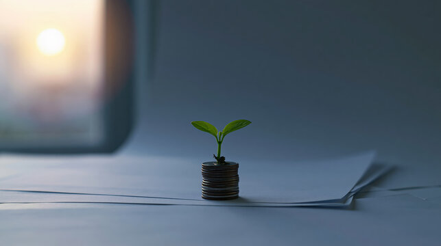 Small plant coin stack money growth investment finance concept with soft sunrise glow and paperwork inspiring financial planning background