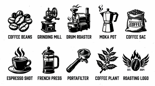 Hand Drawn Woodcut Coffee Element Illustration Set