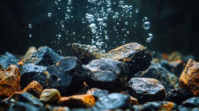 Underwater Rockscape - Bubbles Ascending Through Dark Aquarium Gravel.