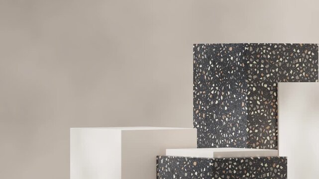 blank mockup block shape black terrazzo podium of with seamless shadow animation looping white wall background, 3d render footage