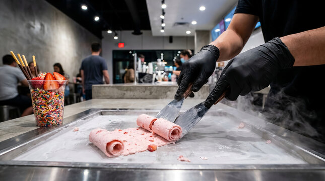 Ice cream maker in black gloves using metal spatulas, rolling pink strawberry ice cream on a cold metal pan, preparing a fresh dessert order, inside a modern indoor rolled ice cream shop parlor